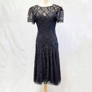 Vintage 80s Black Sequin & Illusion Lace Goth Party Dress Drop Waist size 6